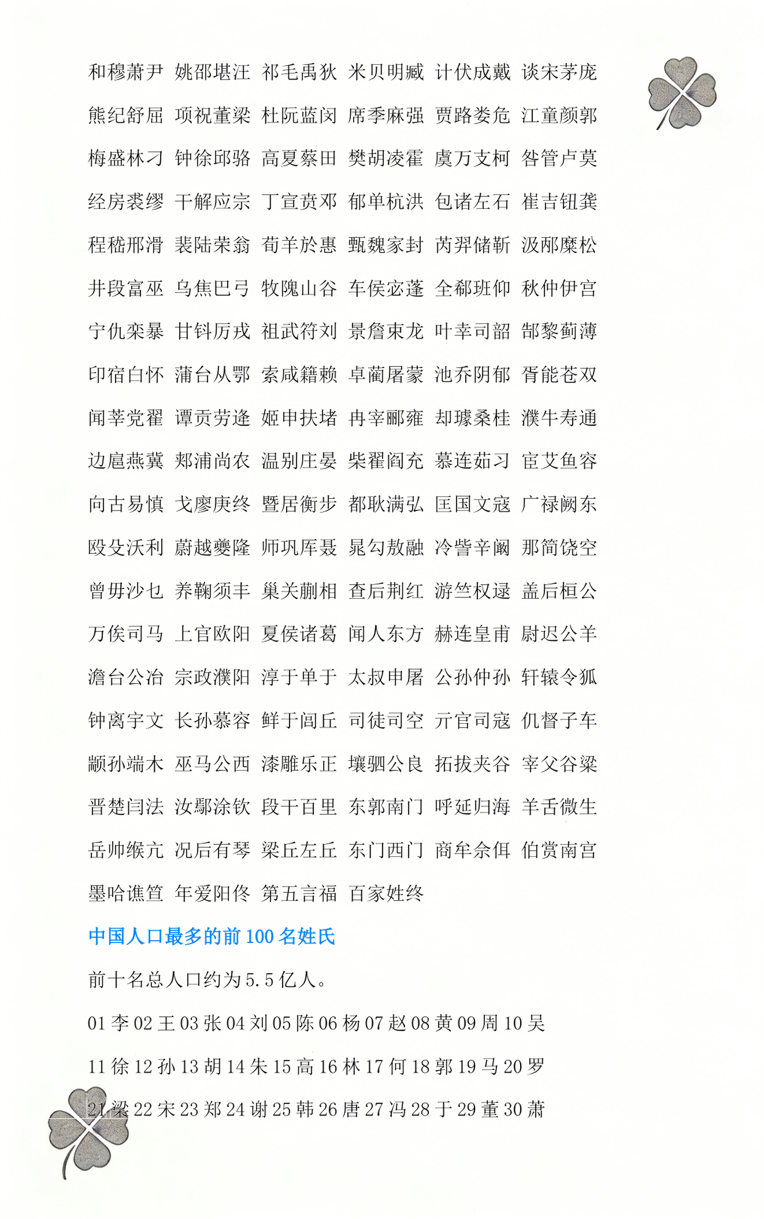 全国百家姓最新排名姓