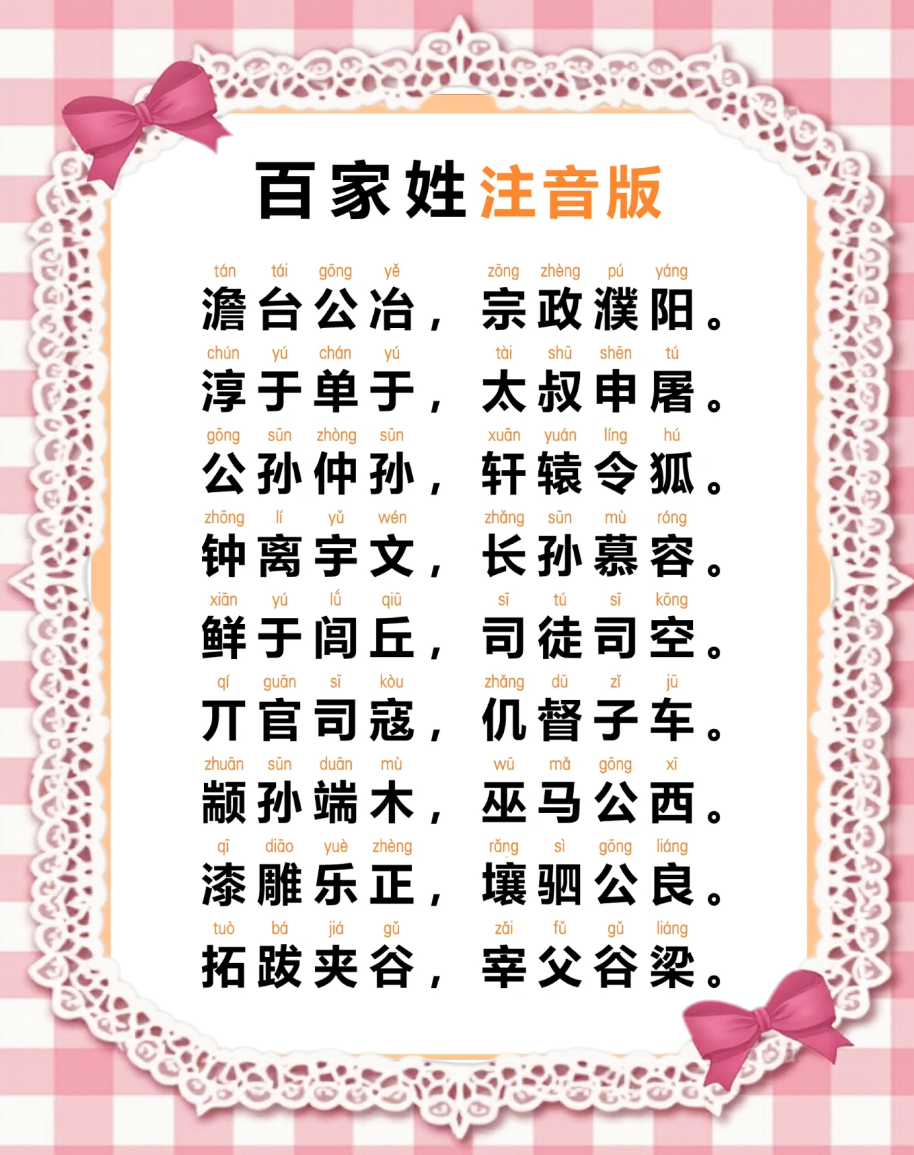 百家姓全部姓氏拼音版 百家姓全部姓氏拼音版