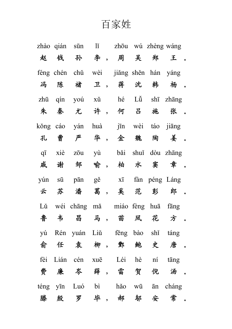 百家姓全篇带拼音