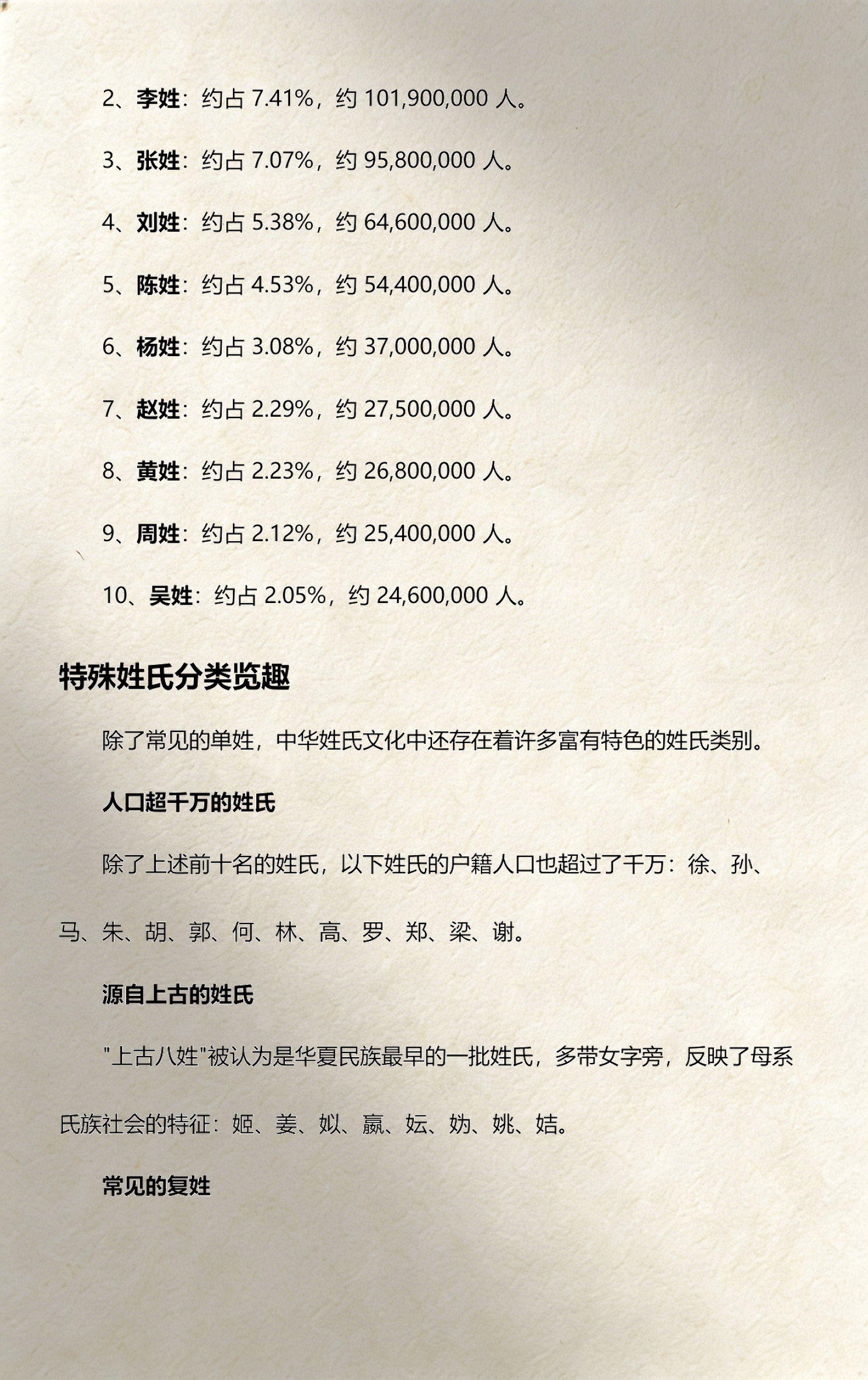 百家姓氏人口数量(百家姓人囗数量排名)