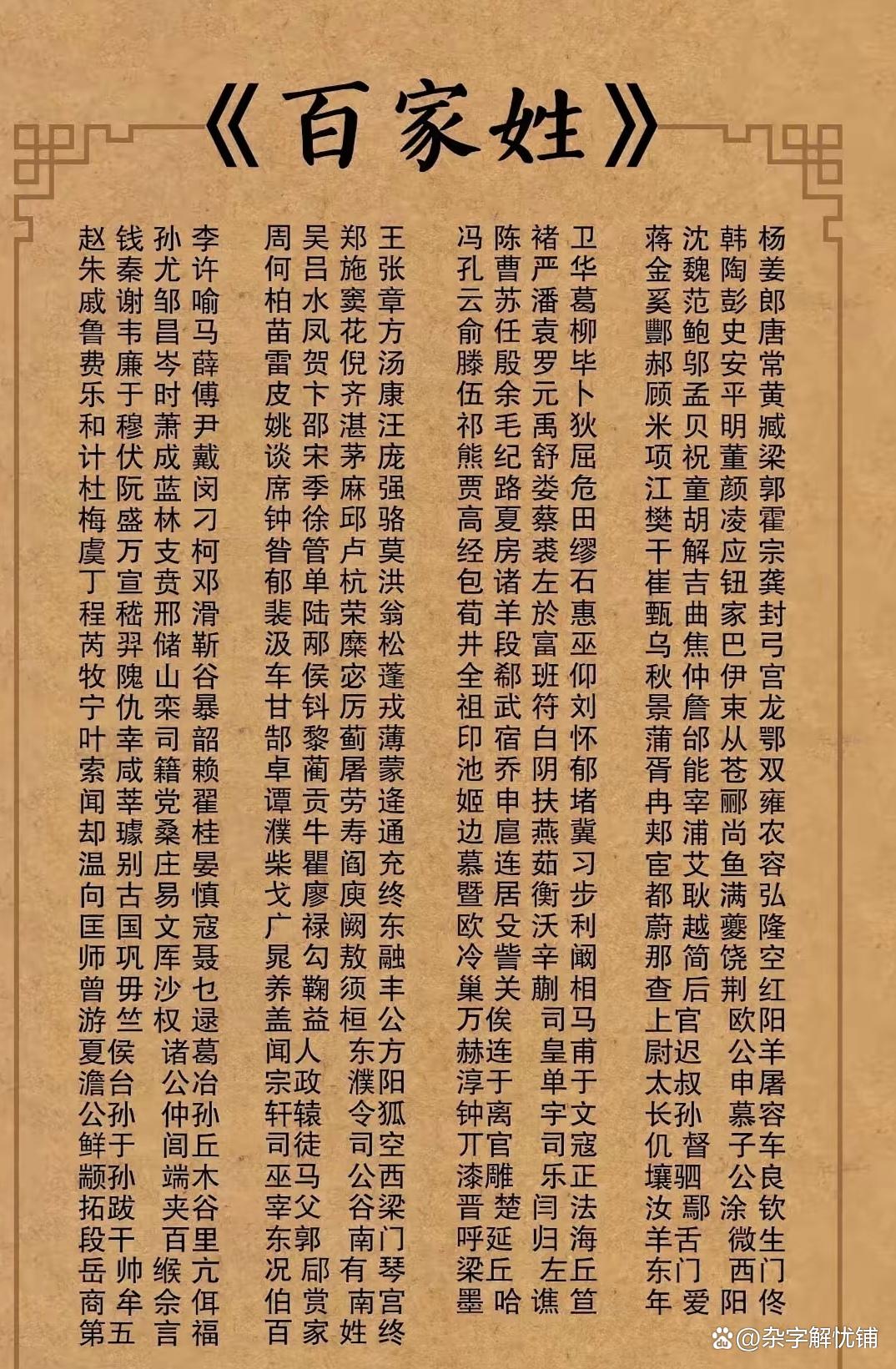 百家姓氏排名第一(百家姓氏排名第一是哪个)