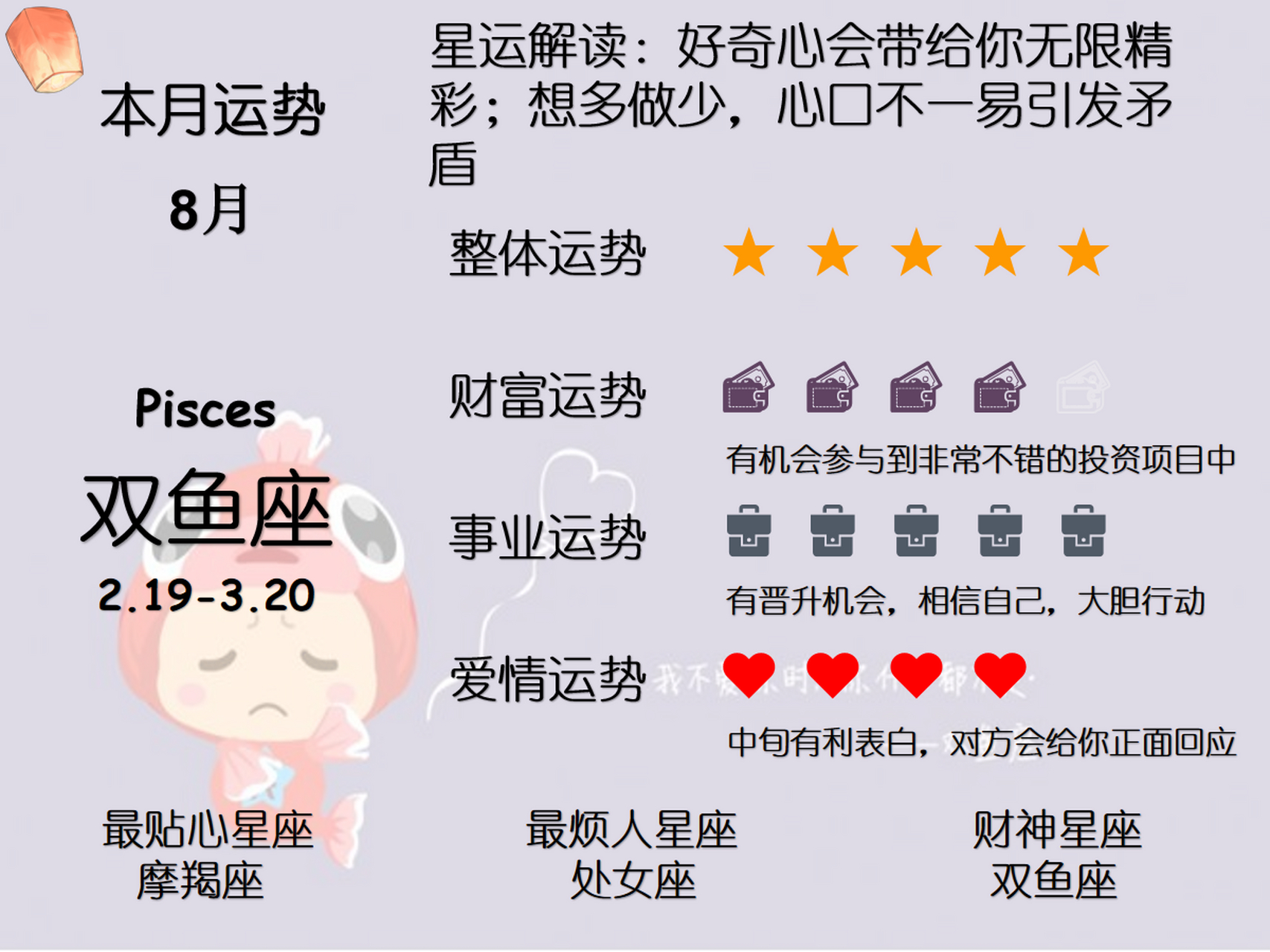 双鱼座运势8月运势(双鱼座8月财运详细运势) 双鱼座运势8月运势(双鱼座8月财运详细运势)