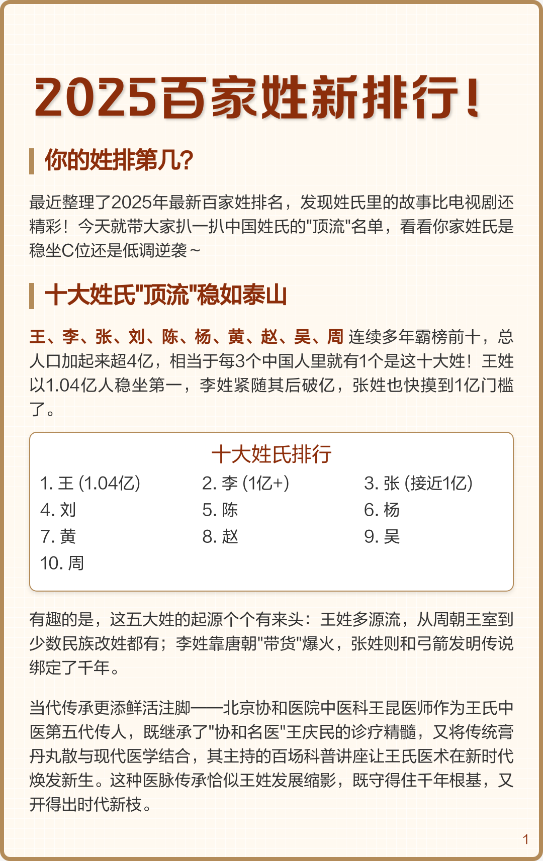 百家姓排名前10有哪些(百家姓最常见的10个姓氏)